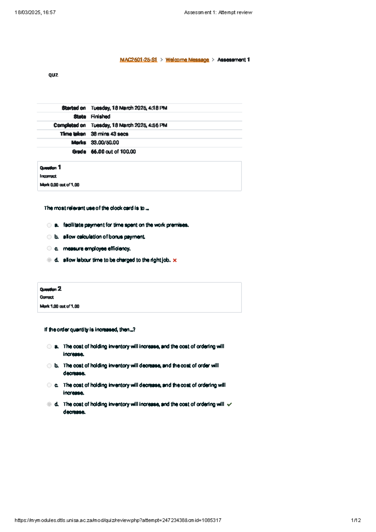 Assessment 1: Attempt review for course code 16:57 - Studocu