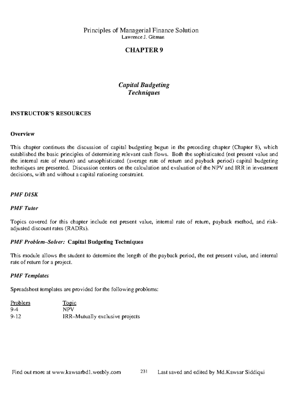 Chapter 9 - Solutions for Capital Budgeting Techniques in PMF - Studocu