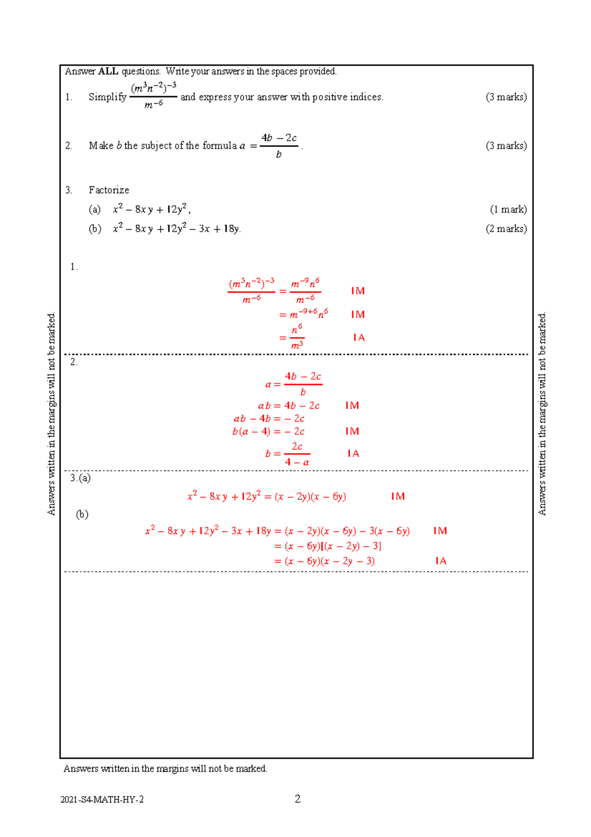 2021 S4 Maths Half-Yearly Exam Paper 1 - MS Solutions and Answers - Studocu