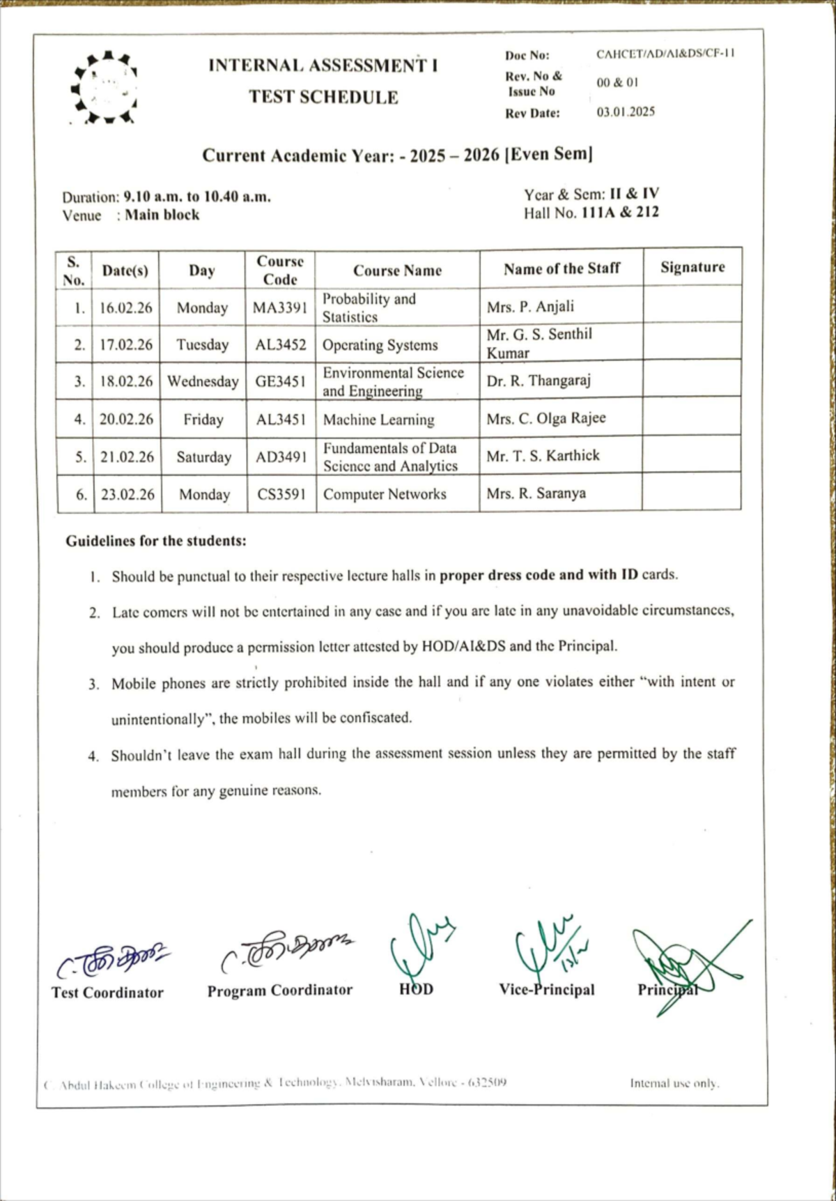 CAT 1 - Internal Assessment I Test Schedule for 2025-2026 - Studocu