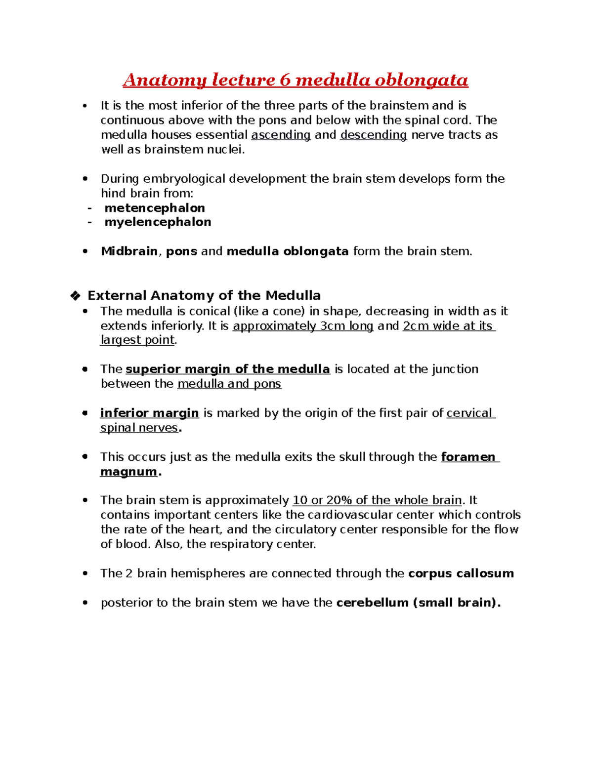 Anatomy Lecture 6: Medulla Oblongata Overview and Functions - Studocu