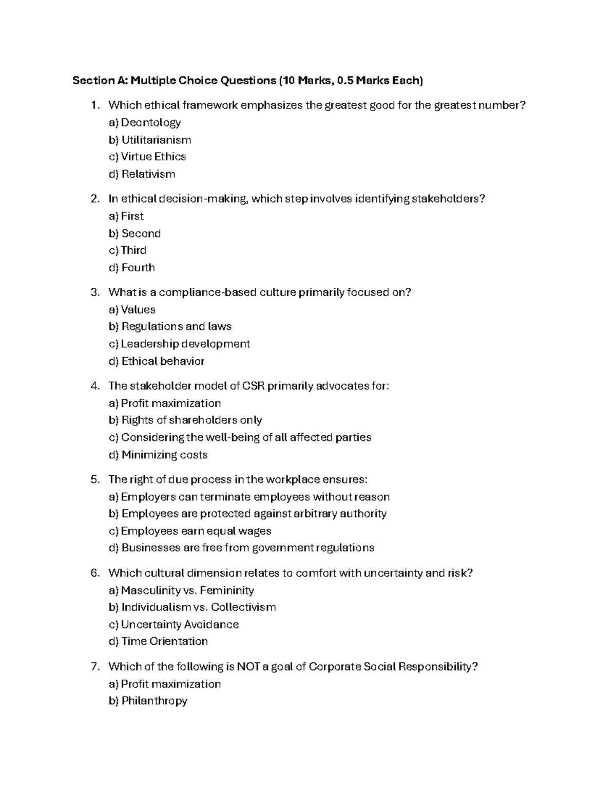 Final Exam Mock - MGT 101: Ethical Decision-Making & CSR Insights - Studocu