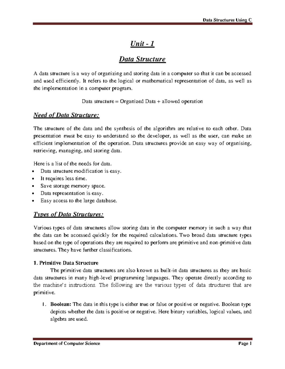 Data Structures Using C - Unit 1 Overview and Key Concepts - Studocu