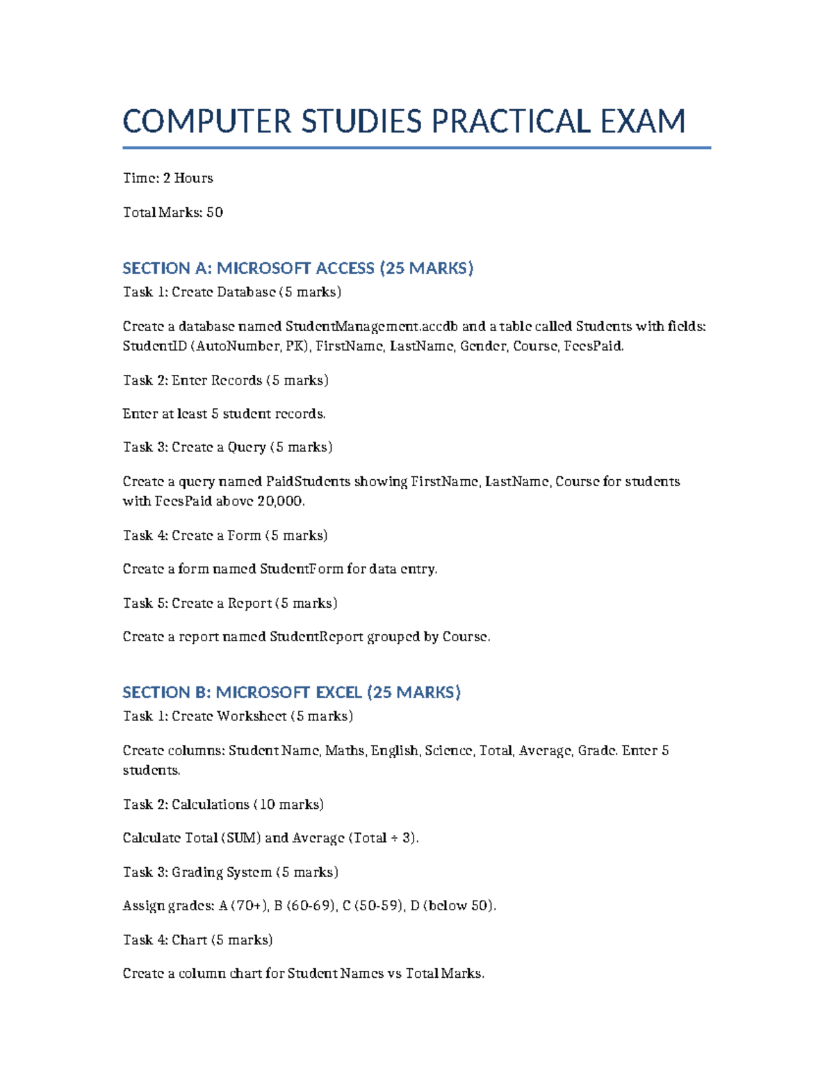 COMPUTER STUDIES PRACTICAL EXAM (CS101) - 2 Hours, 50 Marks - Studocu