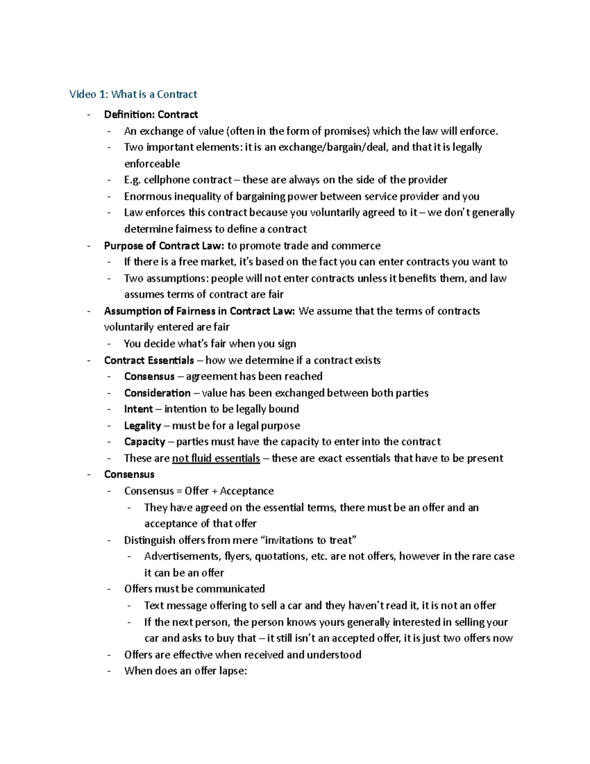 Week 2 Notes - Business Law: Understanding Contracts and Their ...