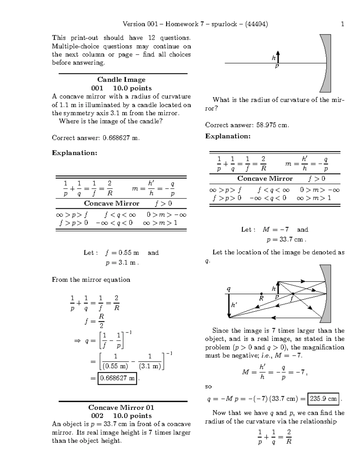 Version 001 Bonus Homework 7: Light Reflection and Mirrors - Studocu