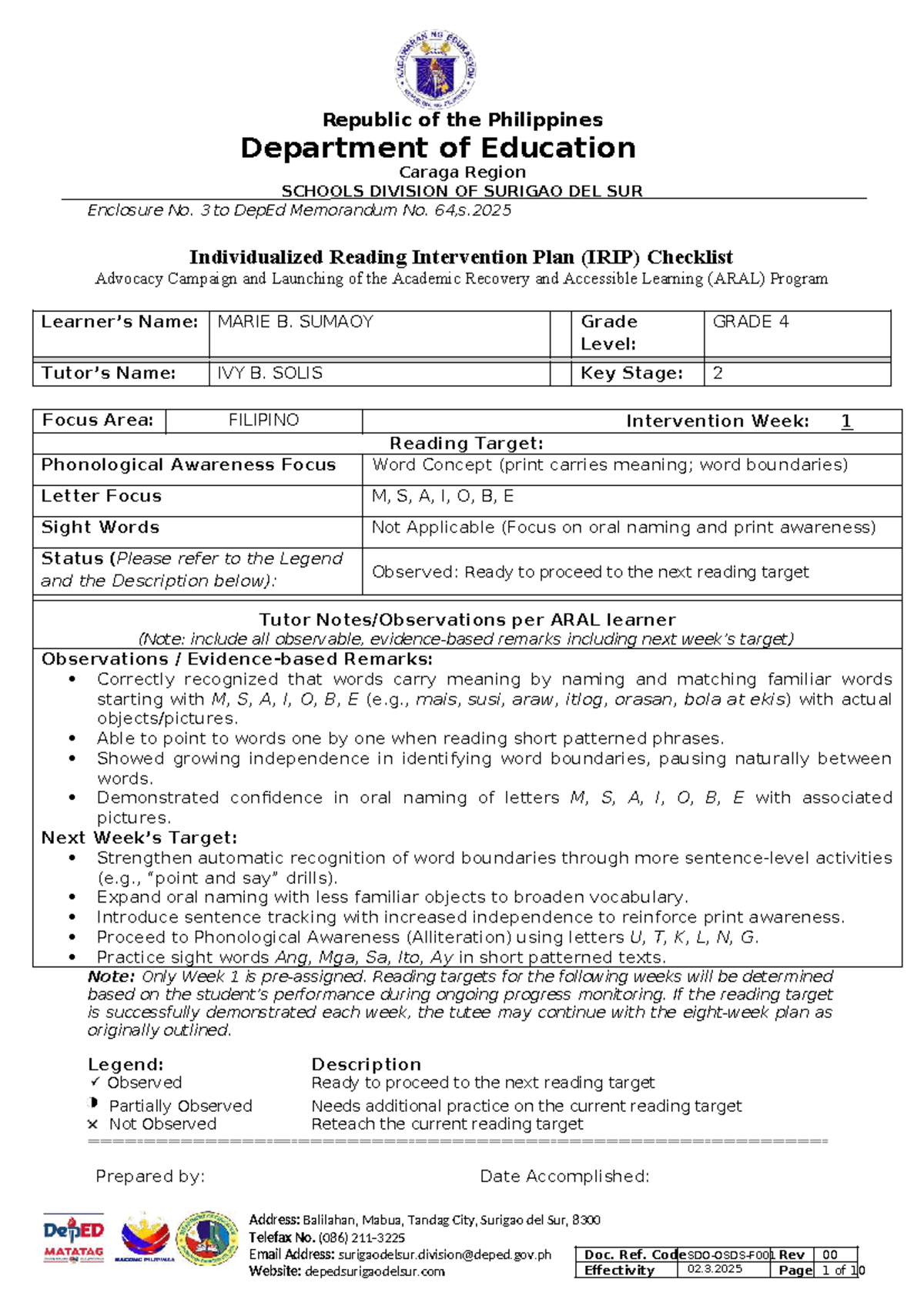IRIP Checklist for Individualized Reading Intervention Plan (KS 23 ...