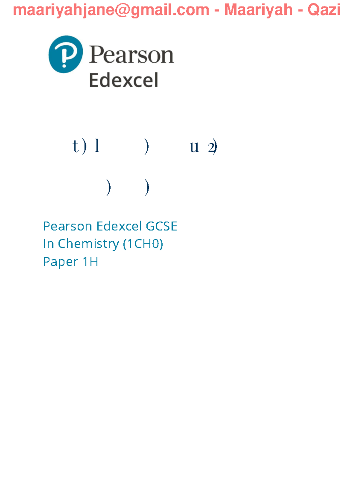 1CH0 Chemistry Summer 2024 Paper 1H Mark Scheme Analysis - Studocu