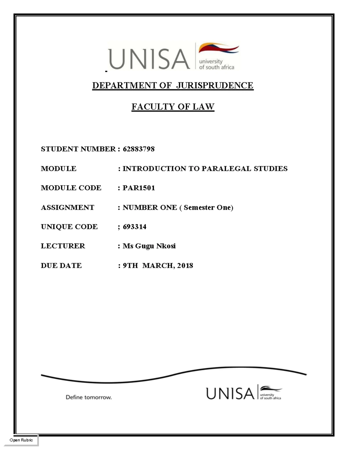 PAR1501 Ass2 - Assignment - Student Number: 13436600 PAR Unique Number ...