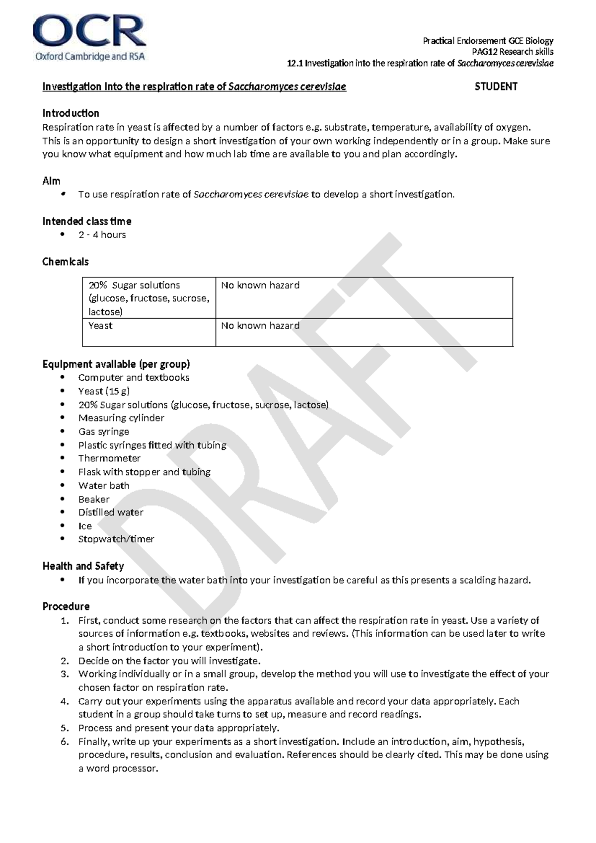 PAG12.1 Student Investigation: Respiration Rate of Saccharomyces ...