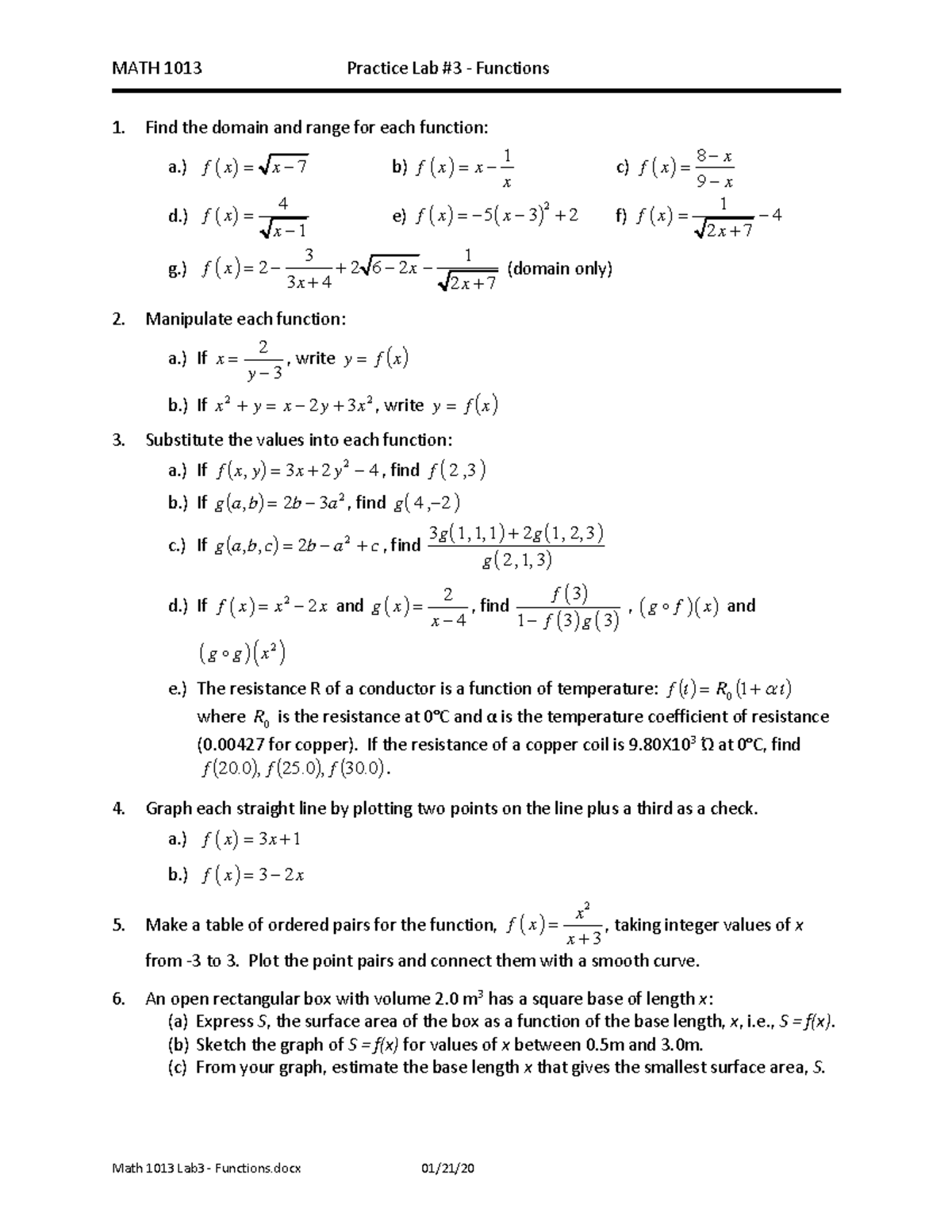 MATH 1013 Lab 3: Exploring Functions - Domain, Range, and Graphs - Studocu