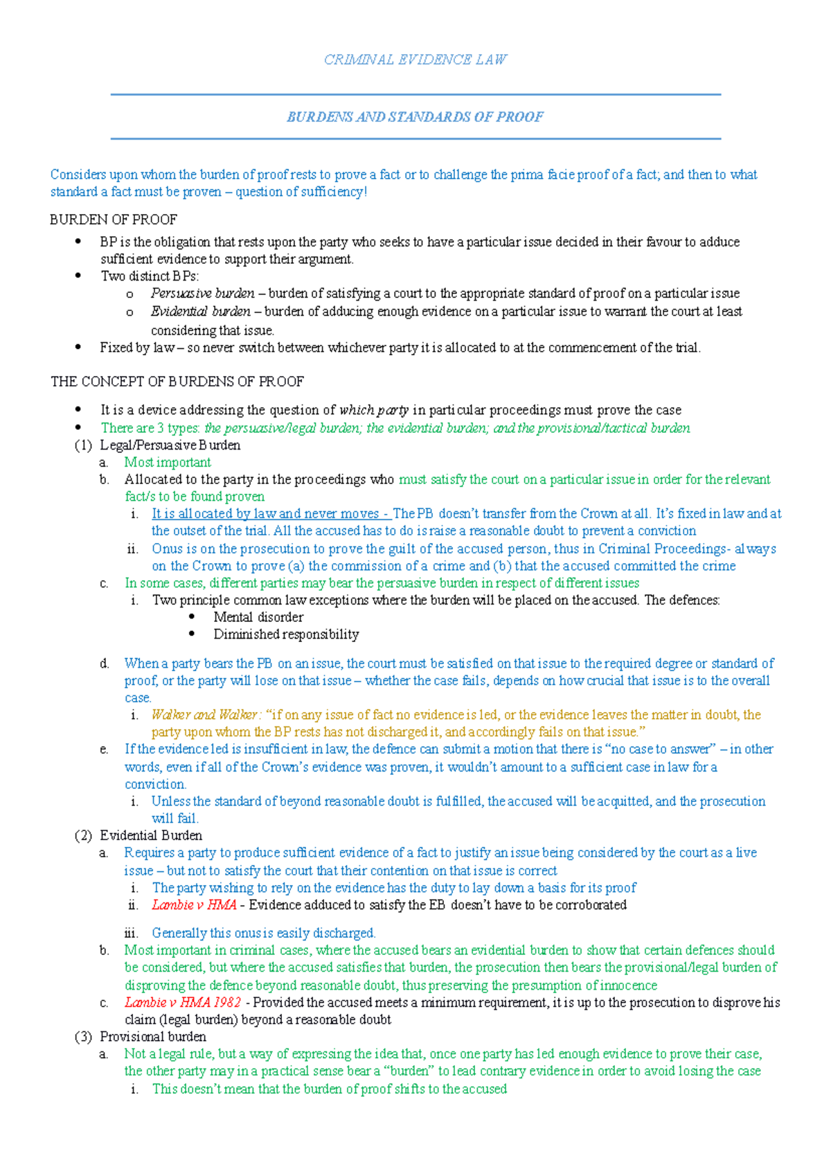 Criminal Evidence Law Exam Notes - Burden & Standard of Proof - Studocu