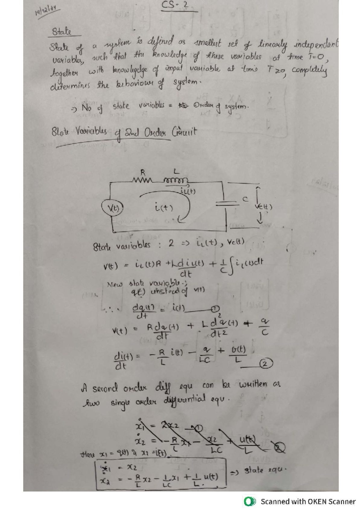 CS2 Lecture Notes on State Space Representation and Differential ...