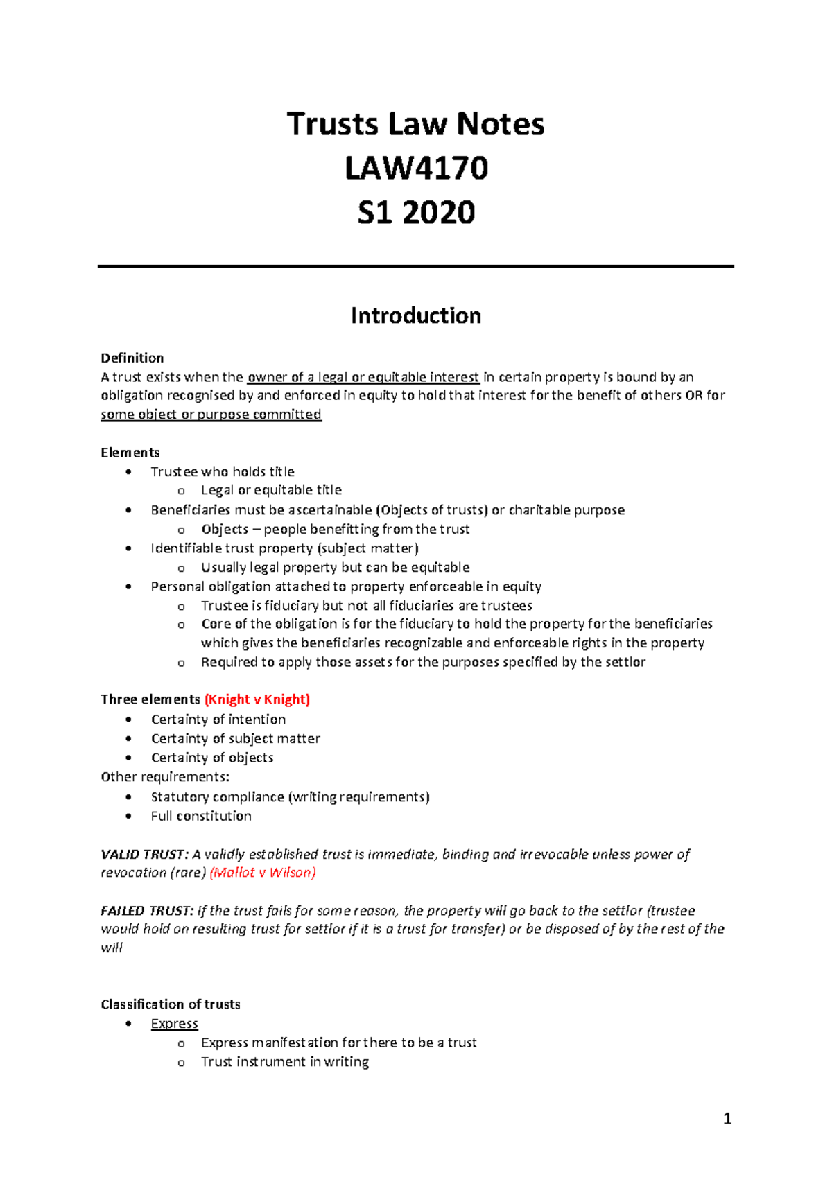 LAW S1 2020: Comprehensive Trusts Law Notes and Key Concepts - Studocu