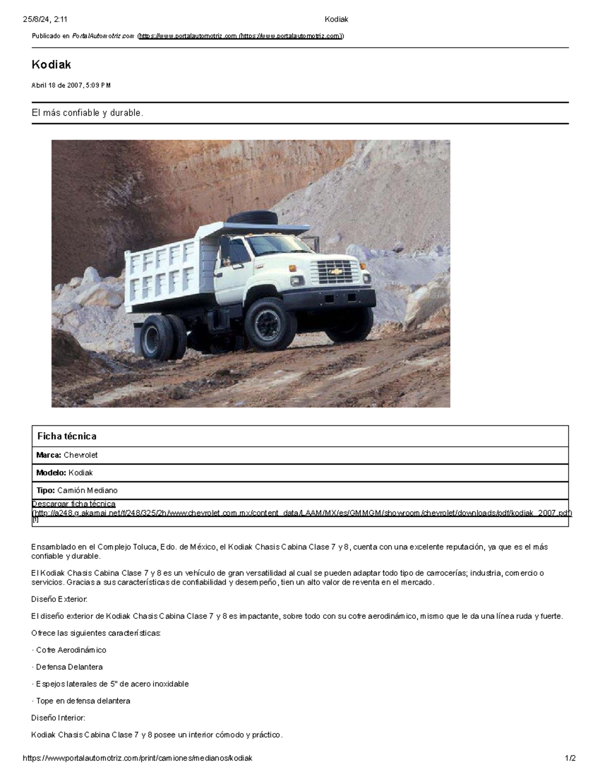 Ficha Técnica del Chevrolet Kodiak Clase 7 y 8 - Document Preview