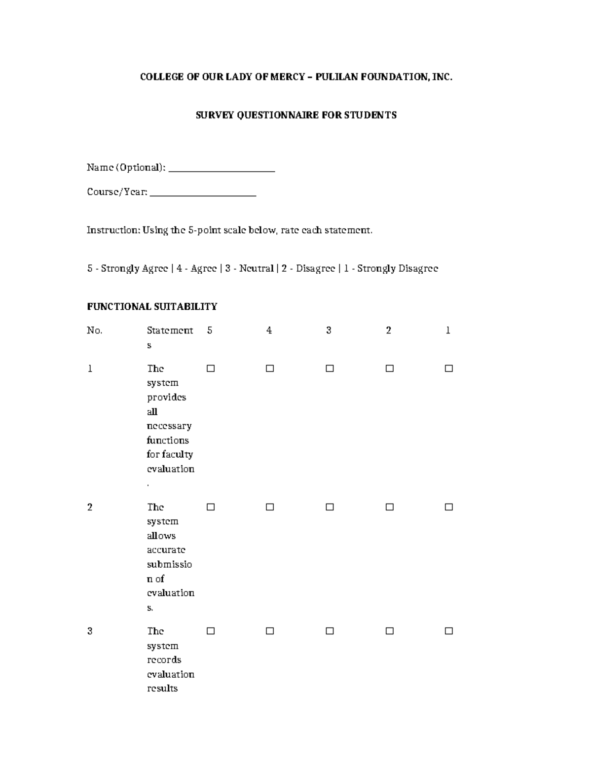 Faculty Evaluation Survey Questionnaire - COLLEGE OF OUR LADY OF MERCY ...