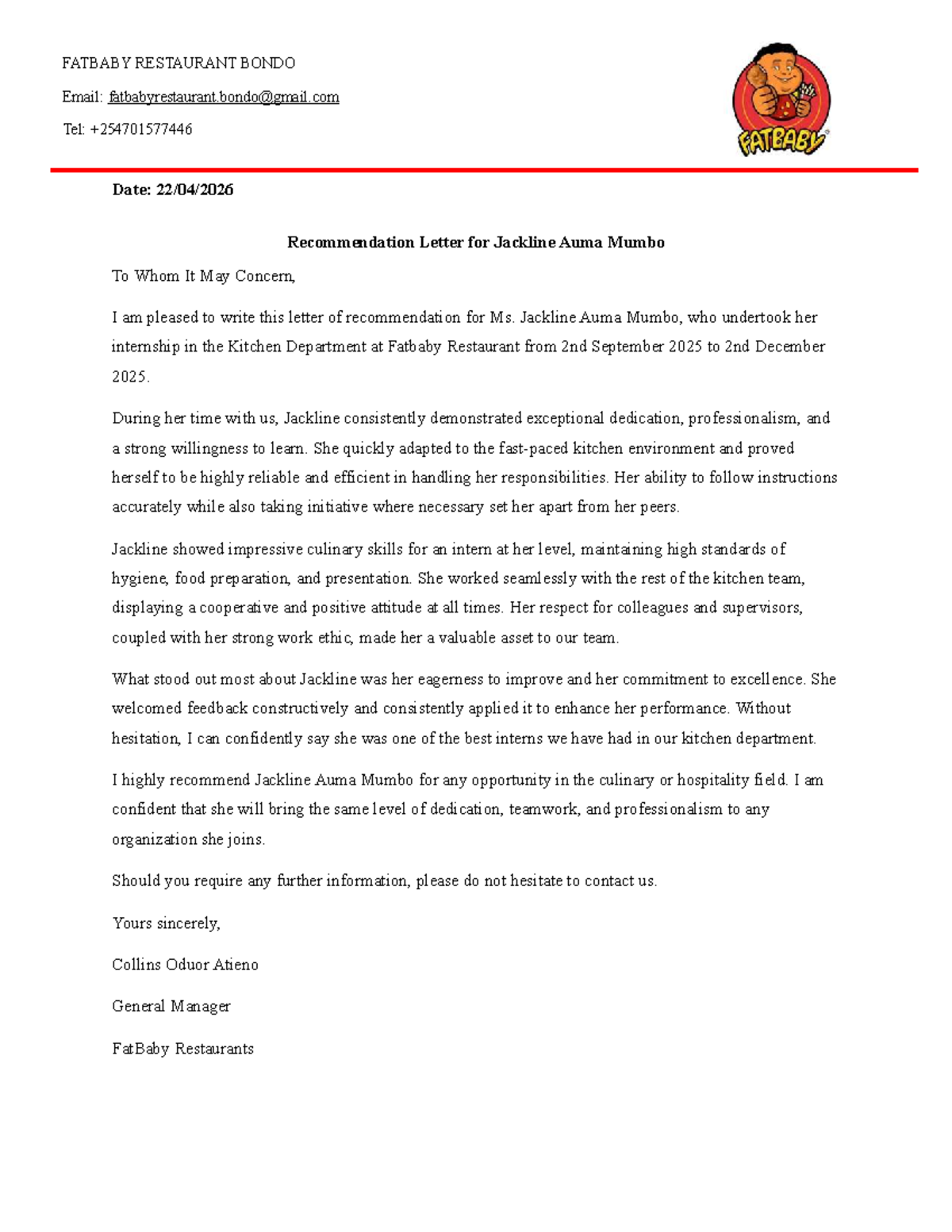 FATBA Restaurant Recommendation Letter for Jackline Auma Mumbo - Studocu