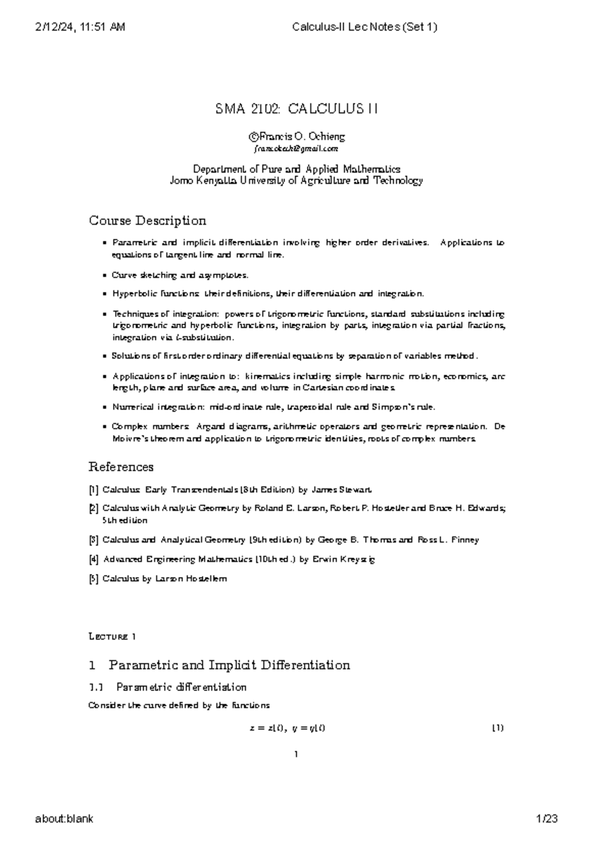 Calculus-II Lec Notes (Set 1) - SMA 2102: CALCULUS II cFrancis O ...
