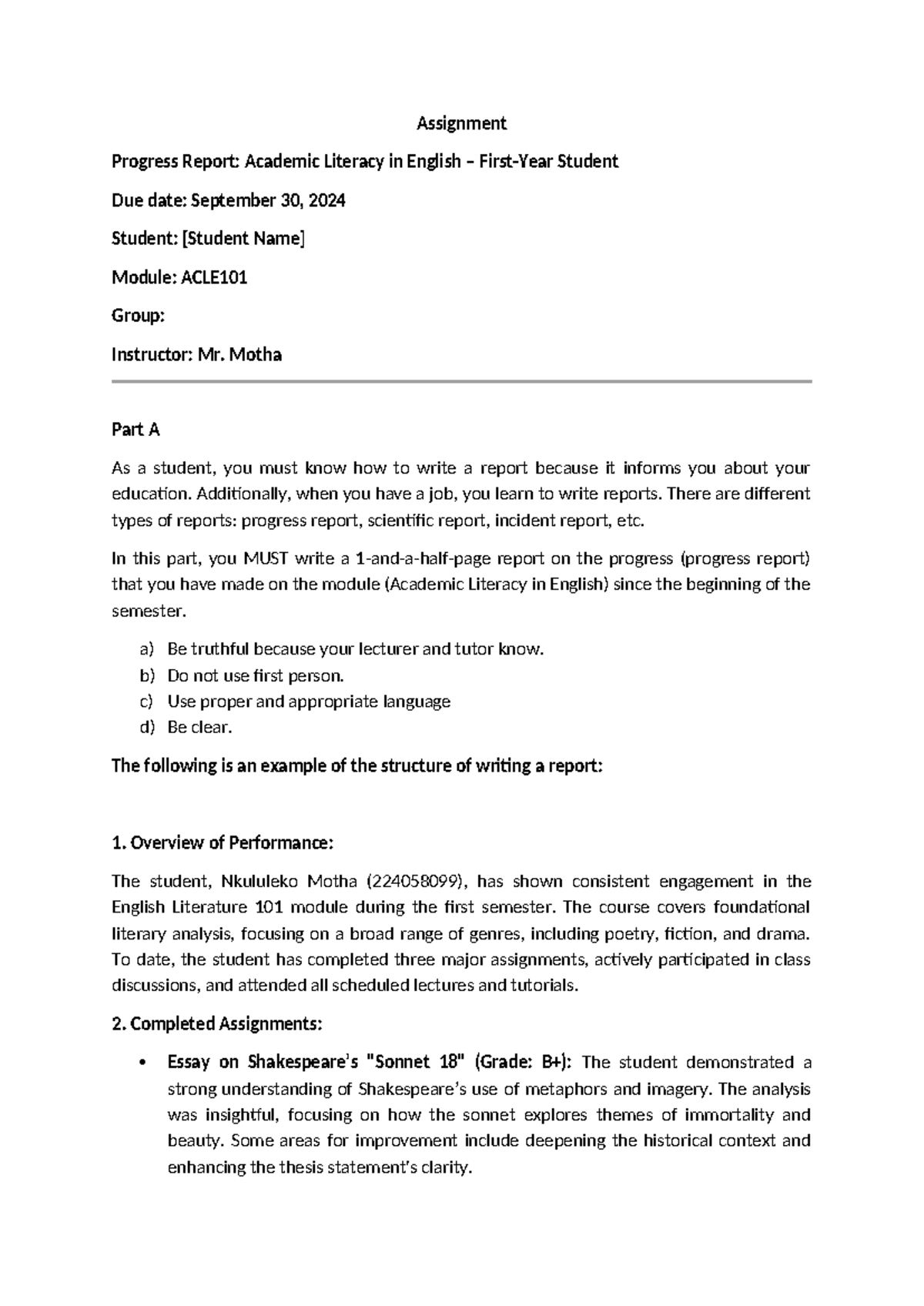 Progress Report on ACLE Module: Writing and Assignment Insights - Studocu