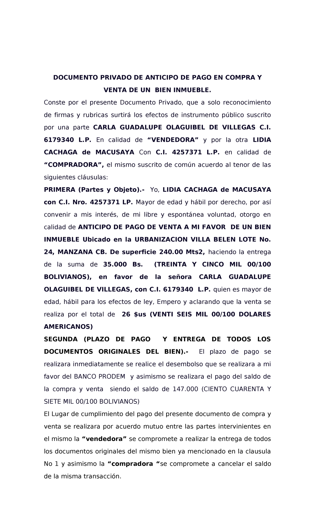 Documento Privado de Anticipo de Pago en Compra y Venta de Bien Inmueble - Document Preview