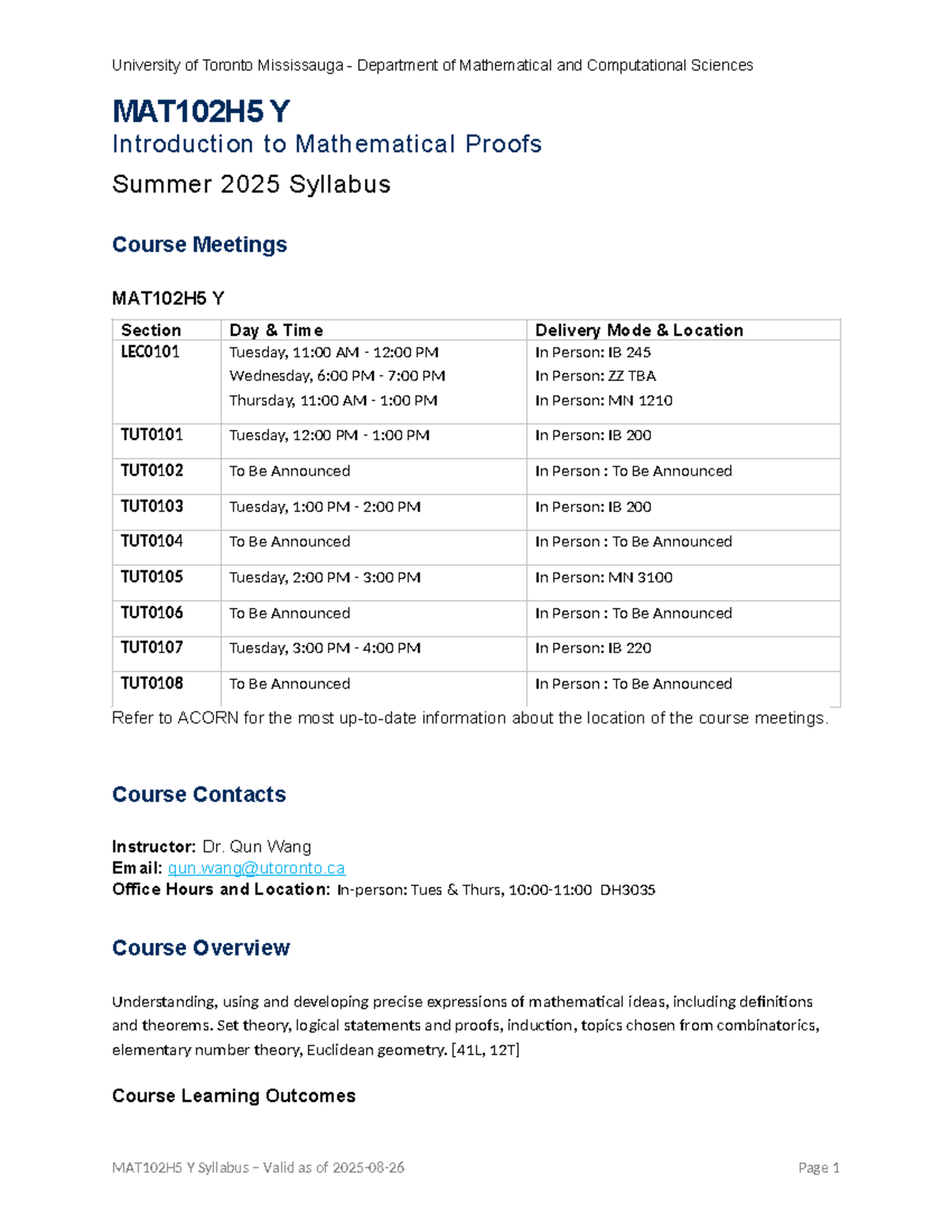 MAT102H5 Y Summer 2025 Syllabus: Introduction to Mathematical Proofs ...