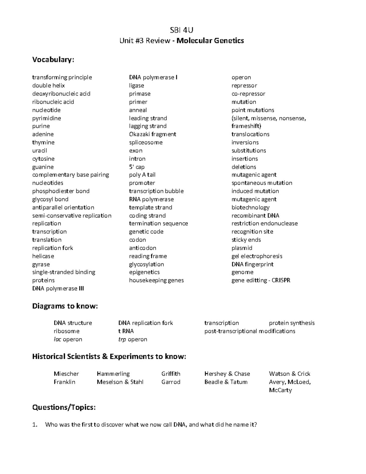 Unit 3 Review - Molecular Genetics - revised - SBI 4U Unit #3 Review ...