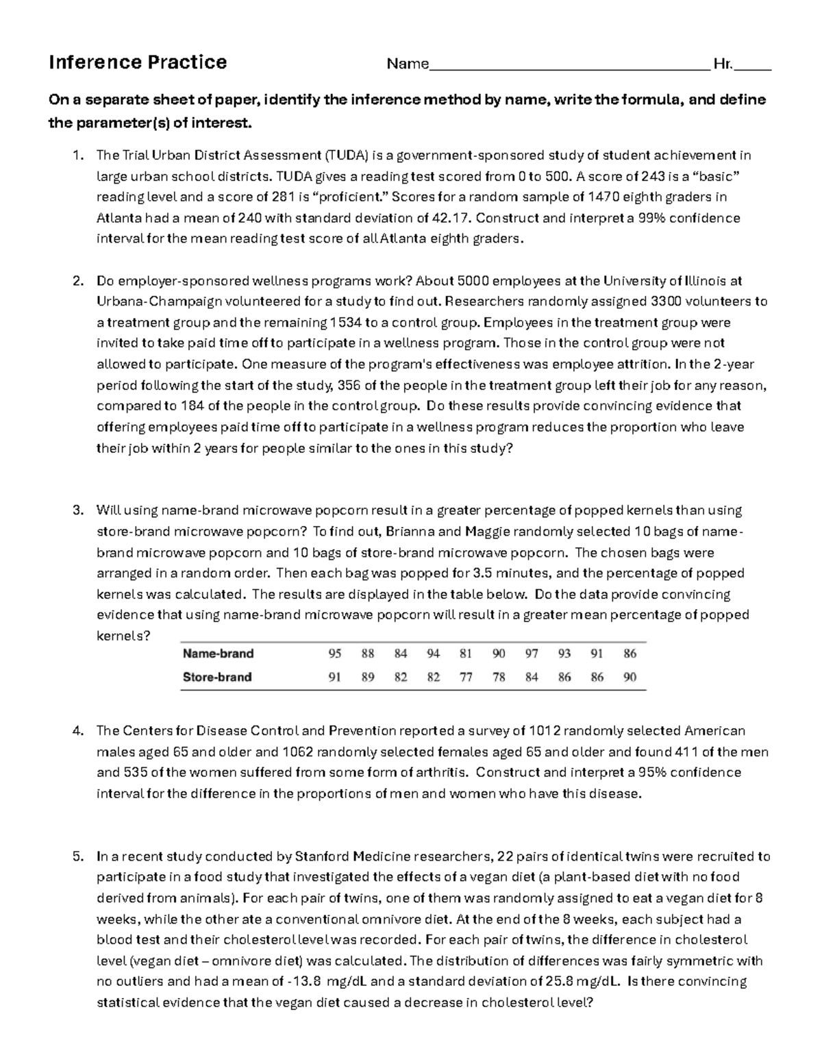 Inference Practice: Methods, Formulas, and Parameters Analysis - Studocu