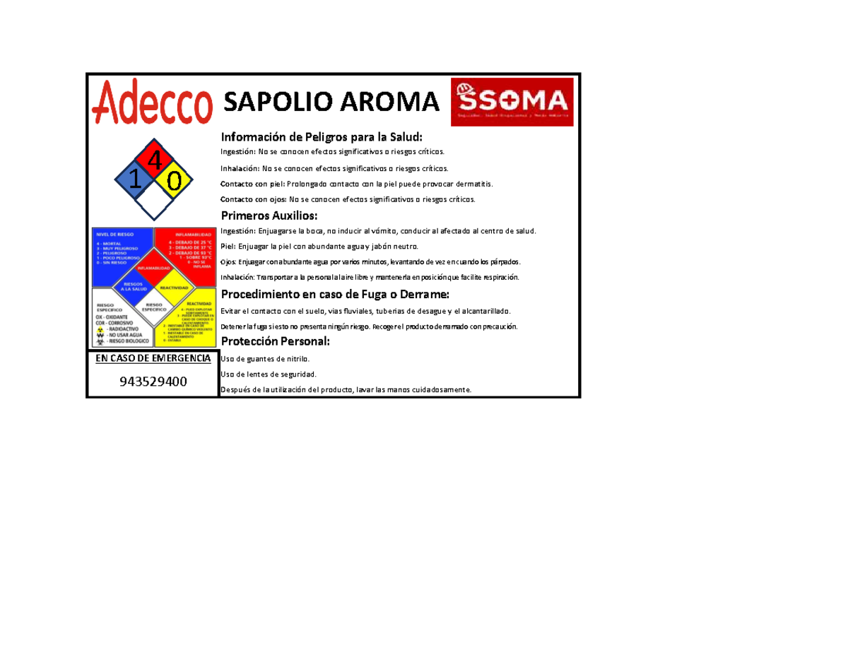MATRIZ DE EPP Y MSDS SAPOLIO AROMA 1: Seguridad y Primeros Auxilios ...