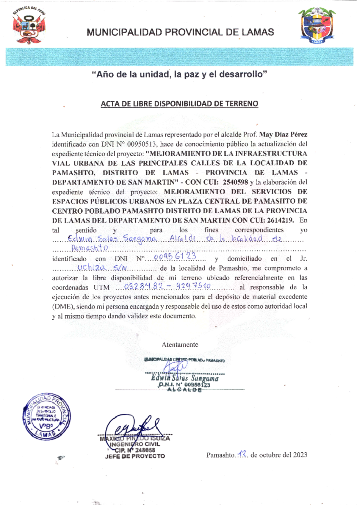 Acta sobre Disponibilidad de Terreno para DME - Municipalidad de Lamas ...