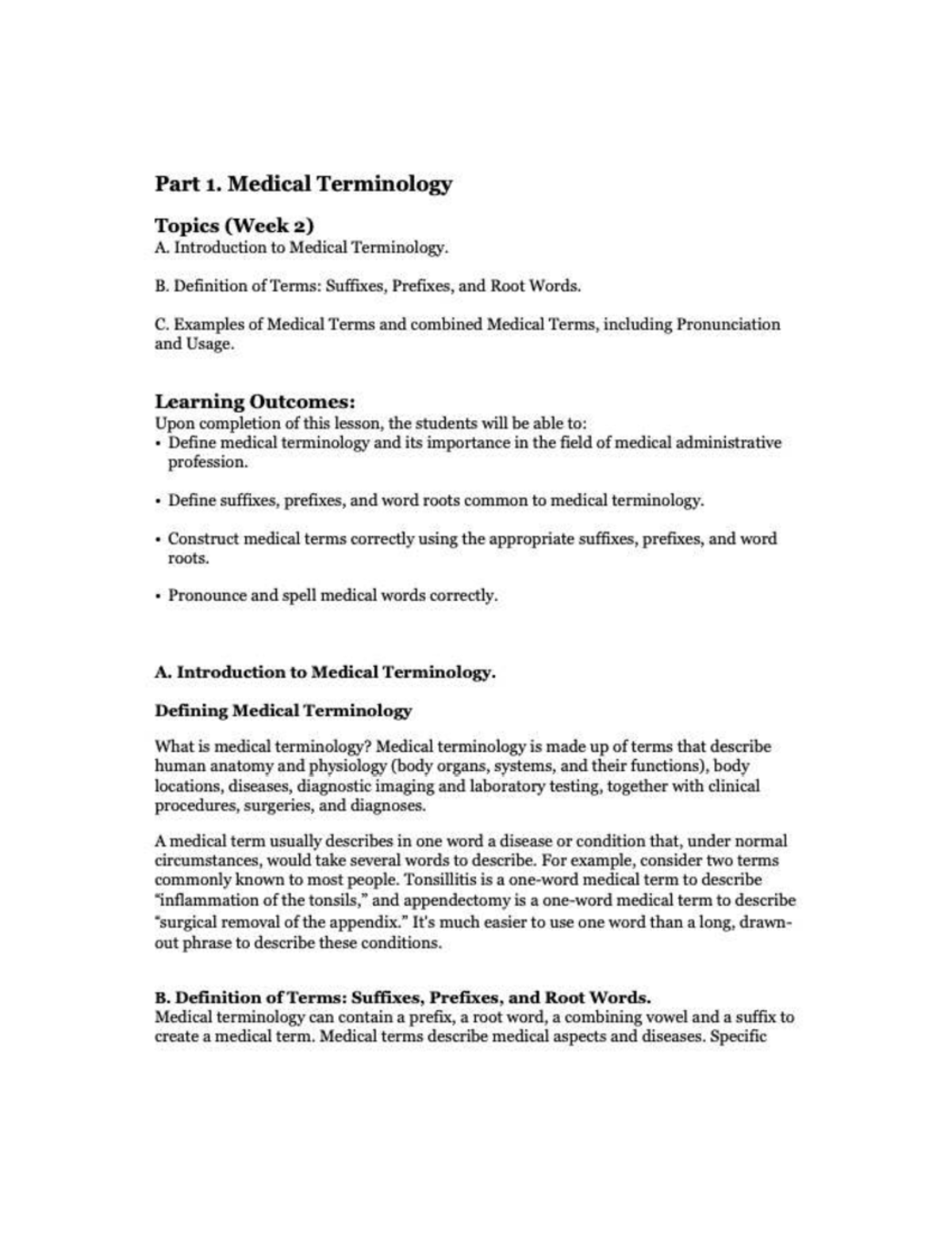 Medical Terminology Overview (Week 2) - Key Concepts and Definitions ...