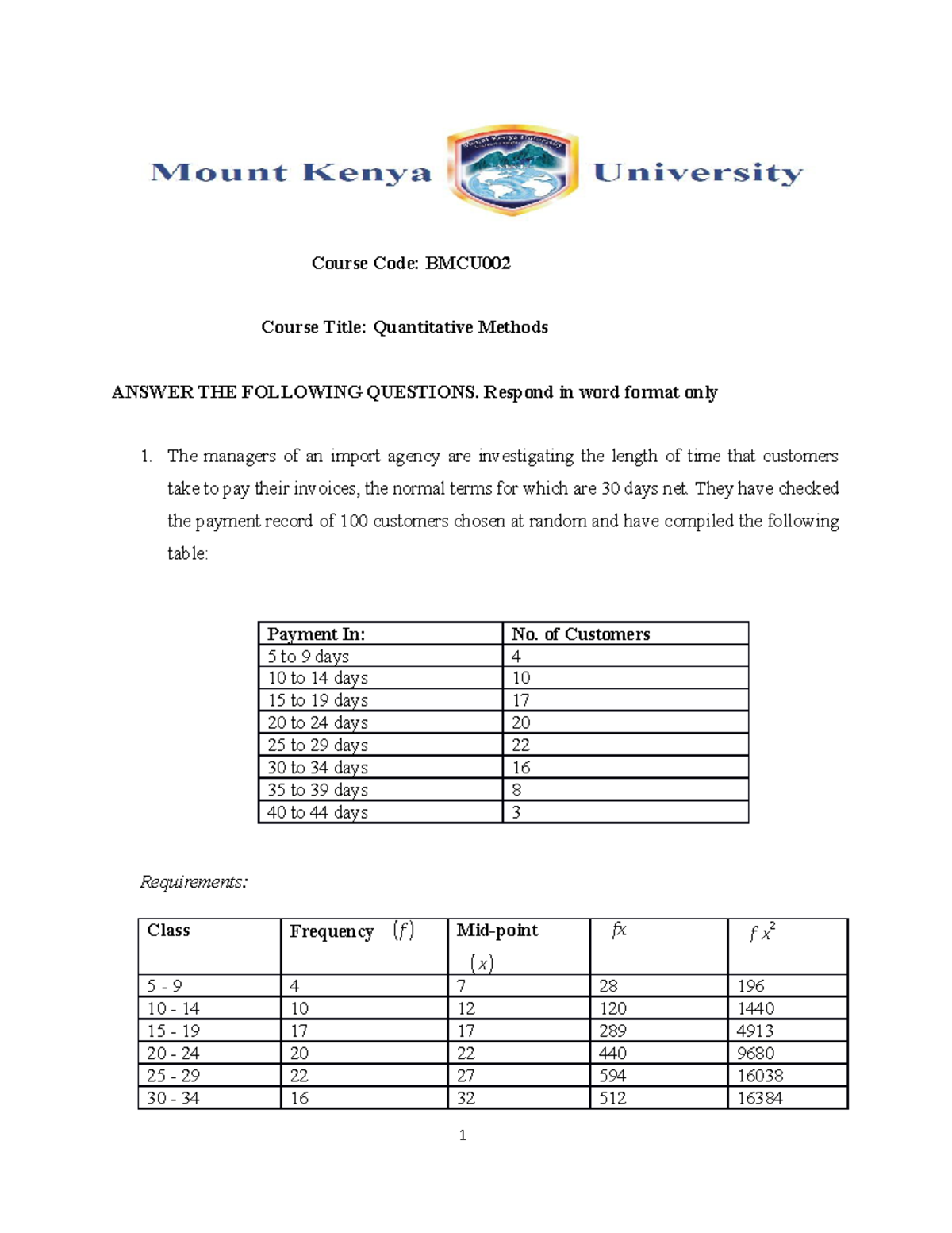 BMCU Quantitative Techniques Assignment: Statistical Analysis and ...