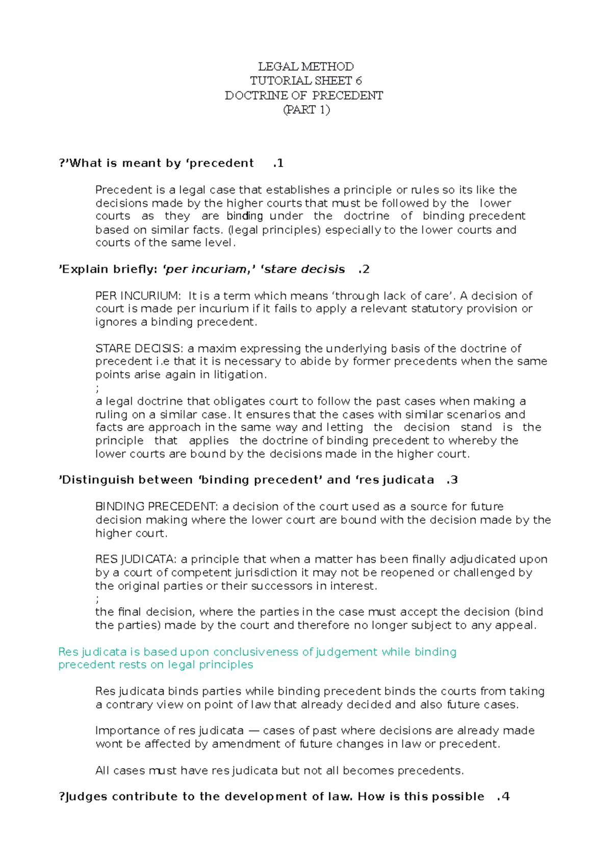 Legal Method - Tutorial Sheet 6 on Doctrine of Precedent - Studocu