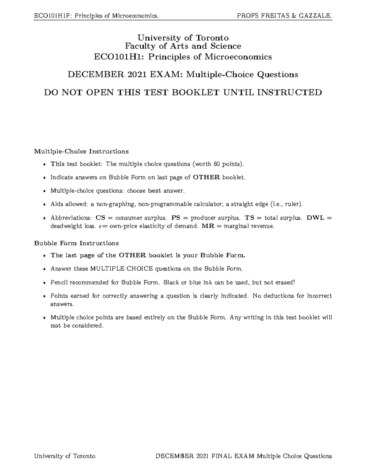 ECO101H1 Fall 2021 Final Exam Multiple Choice Questions Guide - Studocu