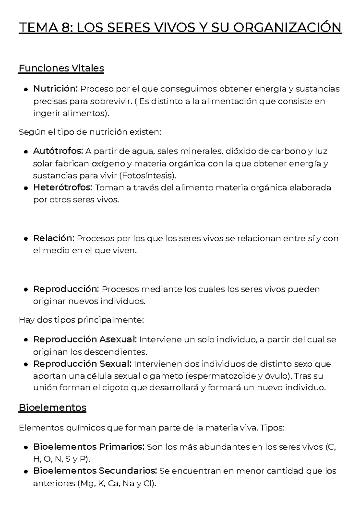 TEMA 8: LOS SERES VIVOS Y SU ORGANIZACIÓN - Funciones y Biomoléculas - Document Preview