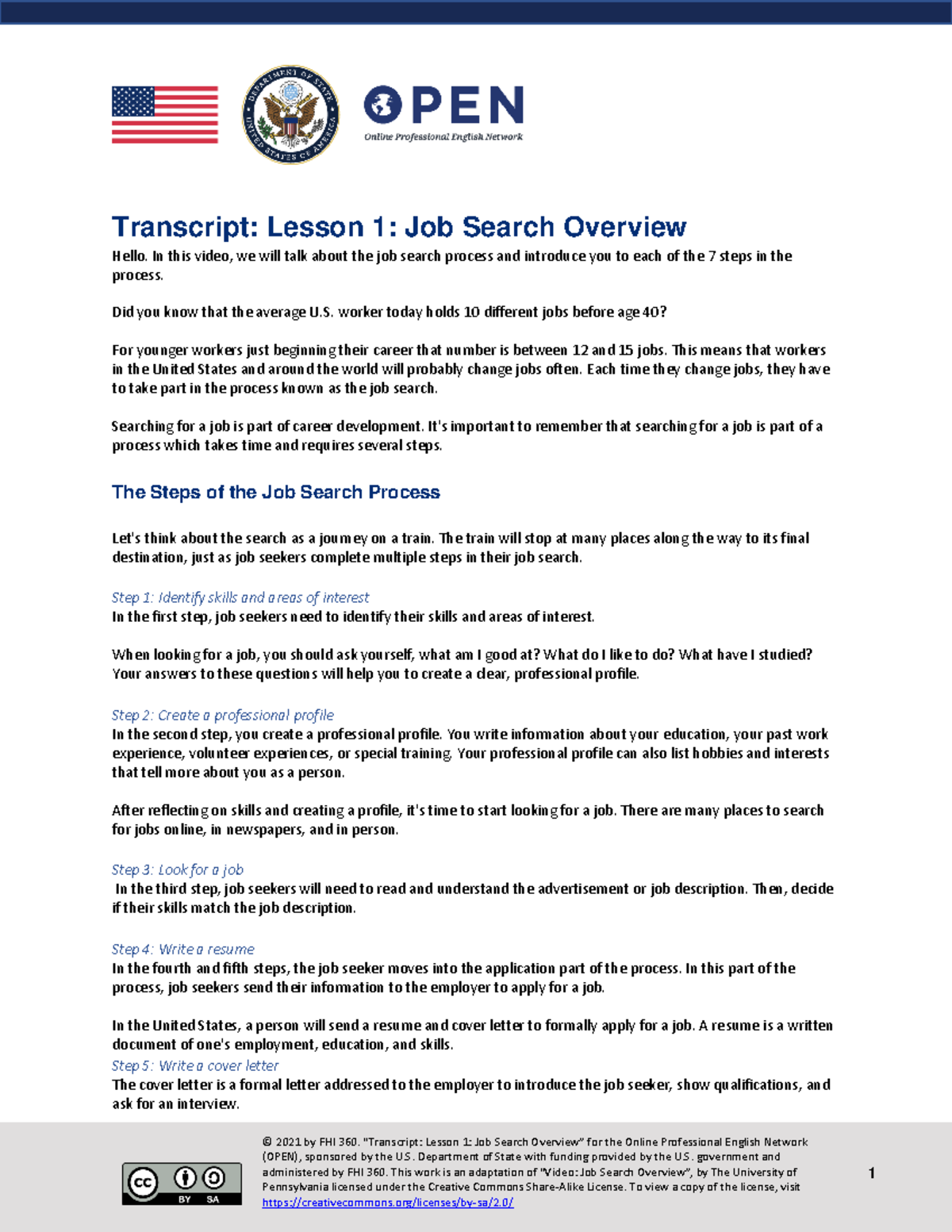 Job Search Overview: Lesson 1 Transcript for OPEN Course - Studocu