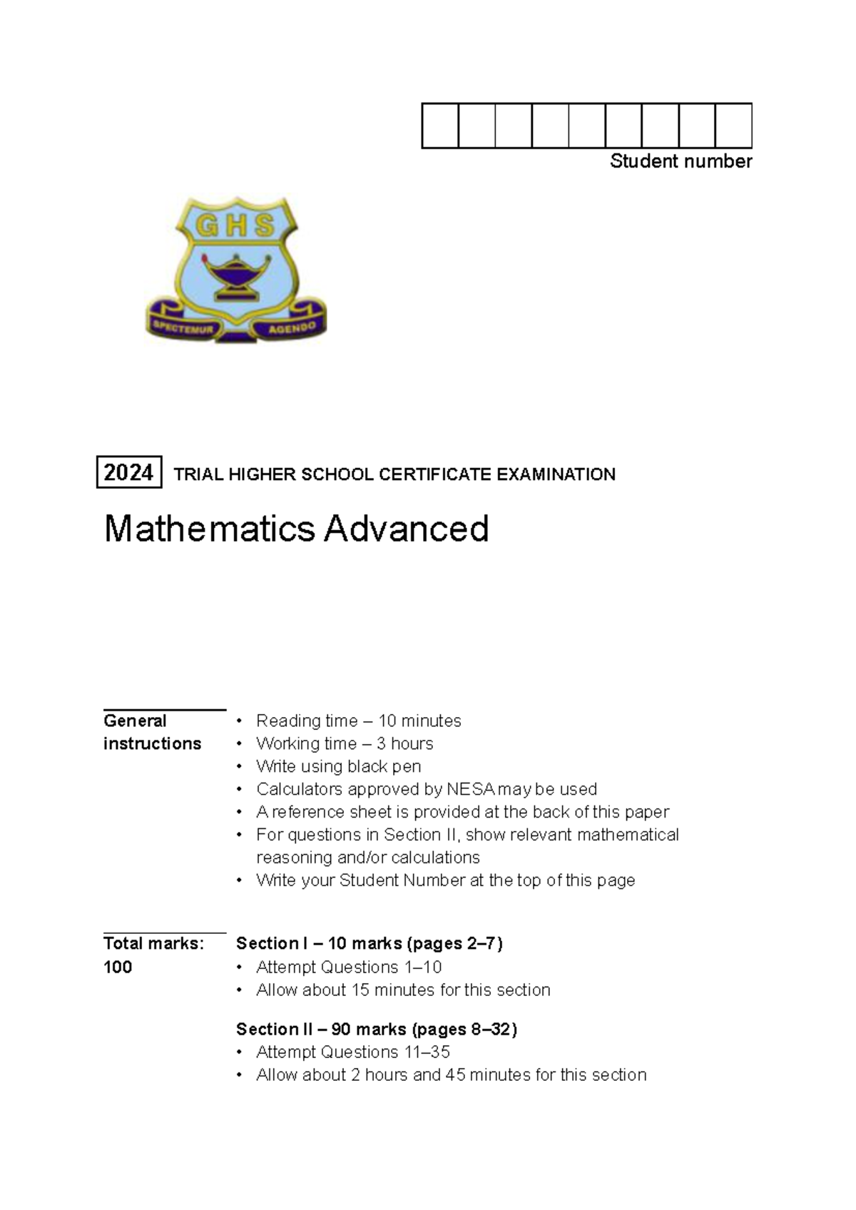 Mathematics Advanced HSC 2024 Trial Exam Paper - Studocu