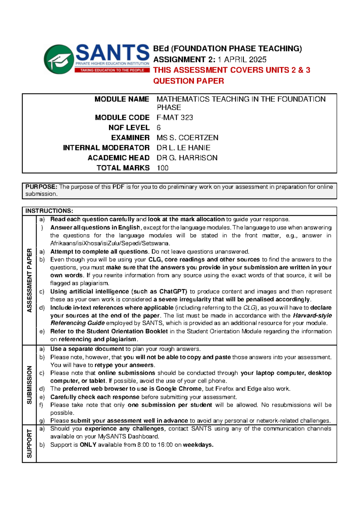 Bed Foundation Phase Teaching Assignment 2 Math Teaching Module 323