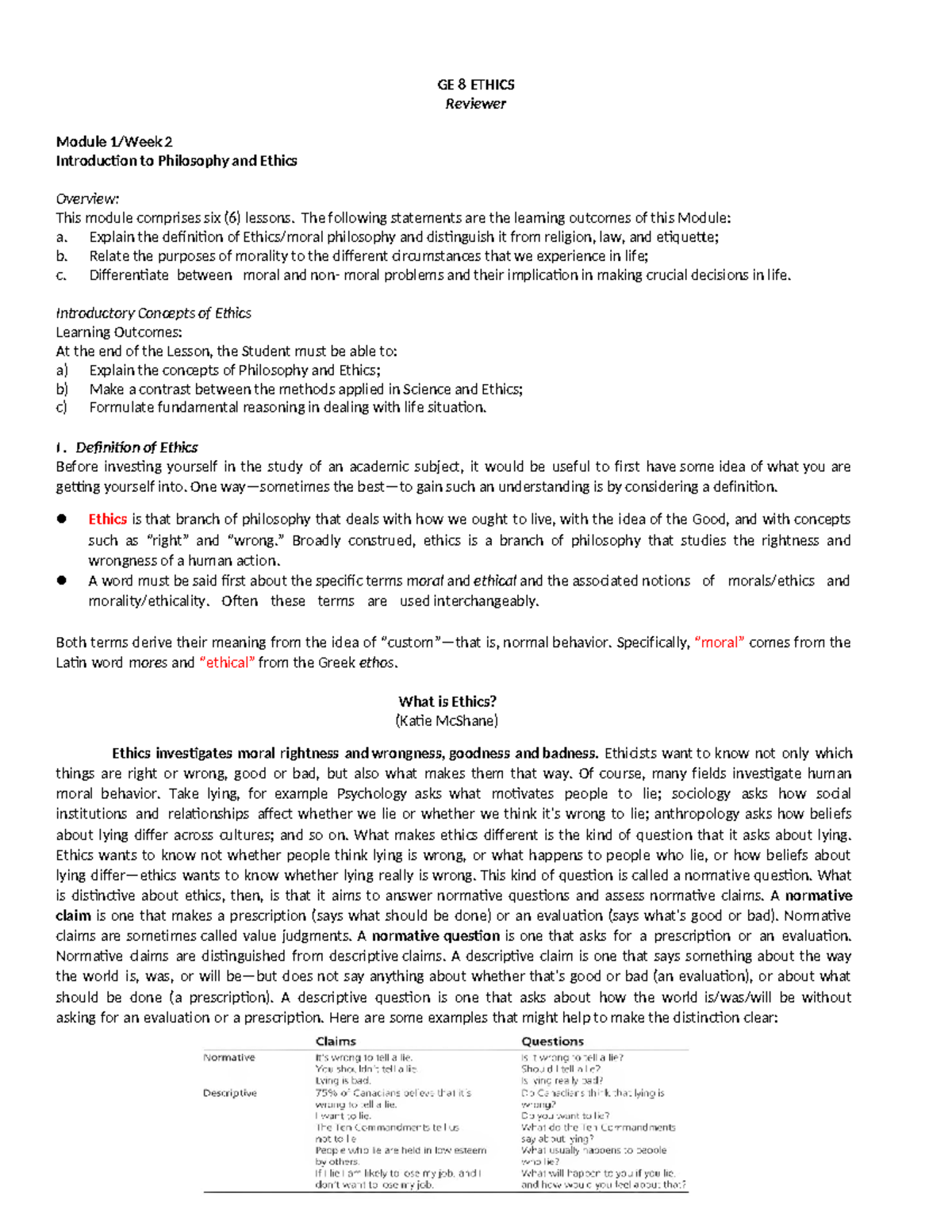 GE 8 Module 1 - Introduction to Ethics and Moral Philosophy Notes - Studocu