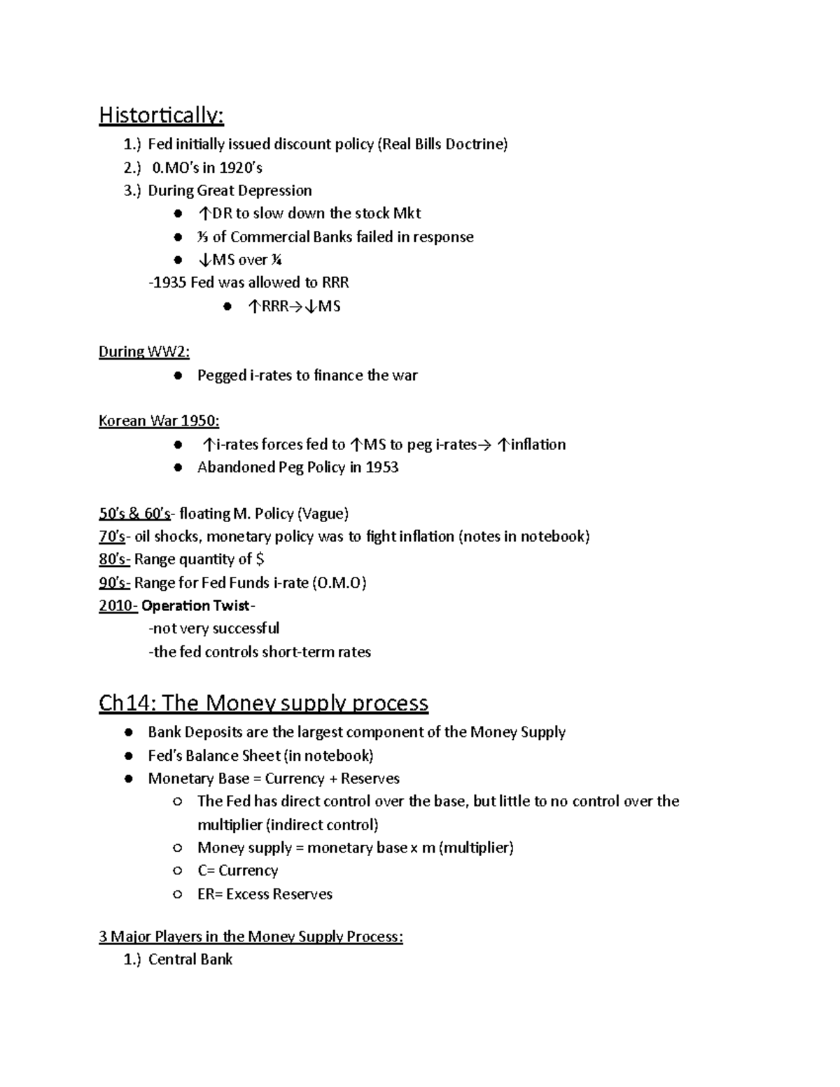 Money Supply Process Notes - Histortically: 1.) Fed initially issued ...