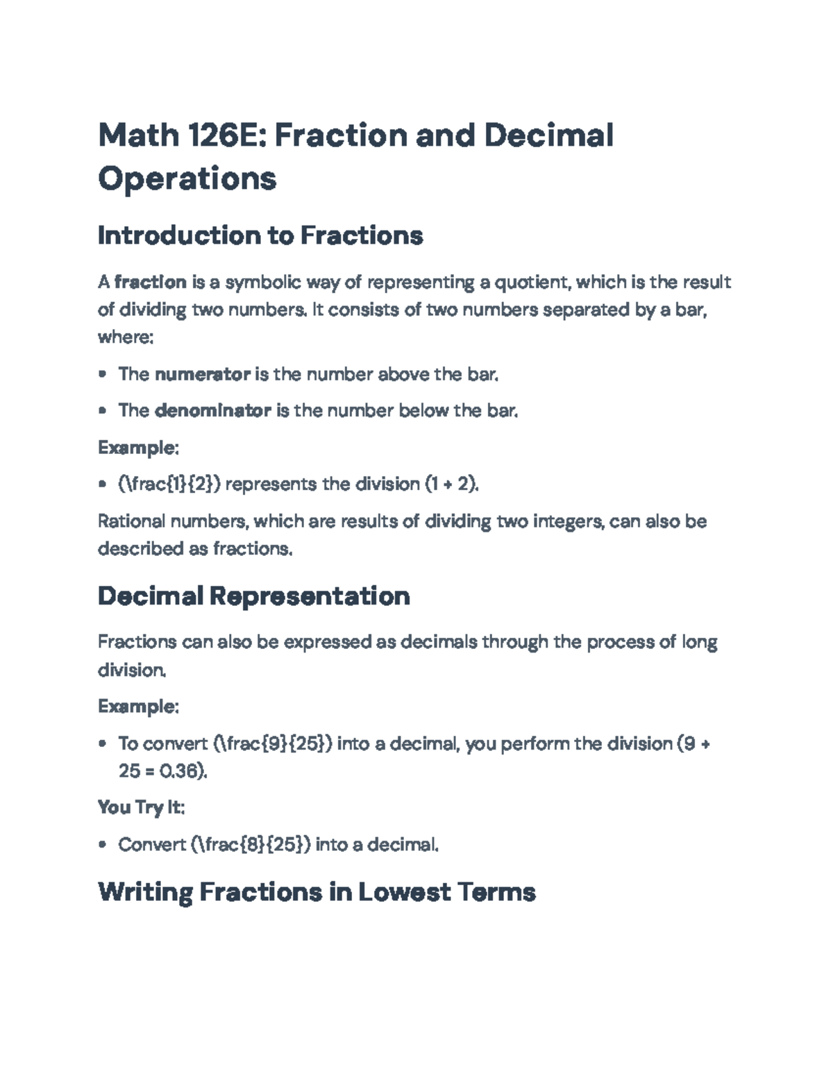 Math 126E: Fraction and Decimal Operations Overview - Math 126E ...