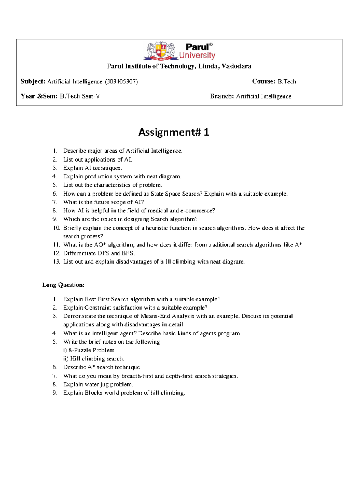 AI Techniques and Applications - Assignment 1 (303105307) - Studocu