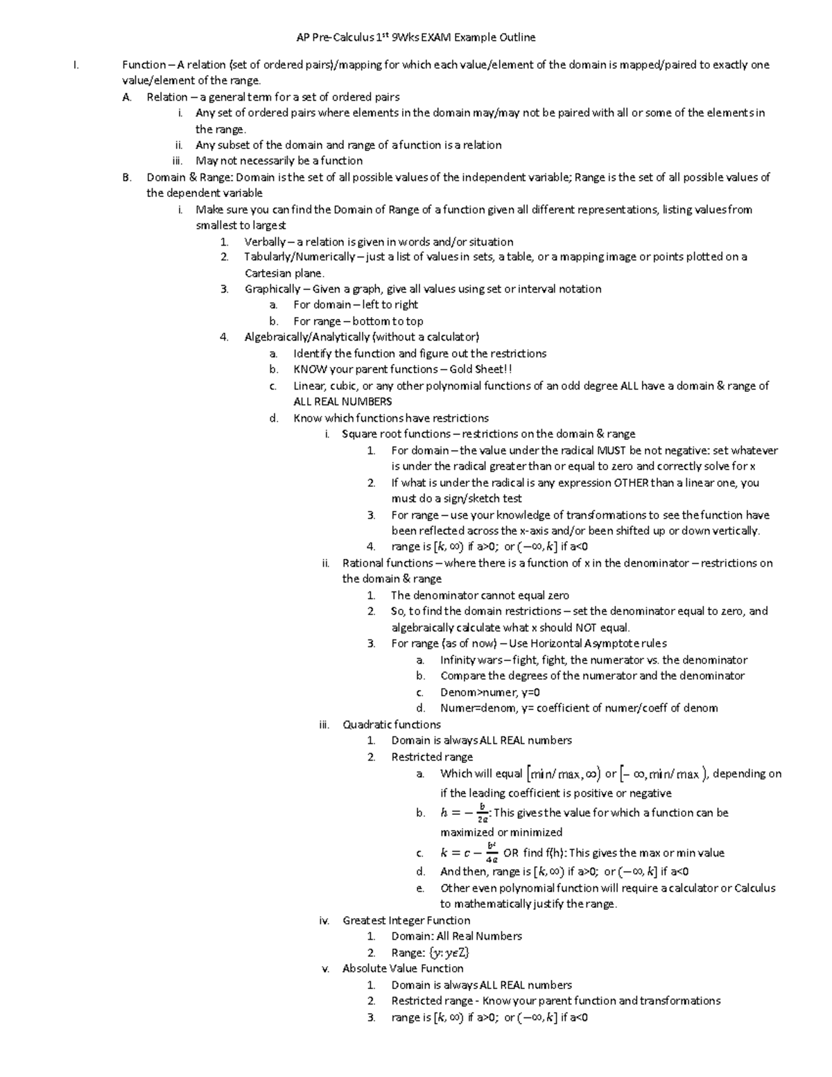 AP Pre-Calculus 1st 9Wks Exam Example Outline 2023 - Studocu
