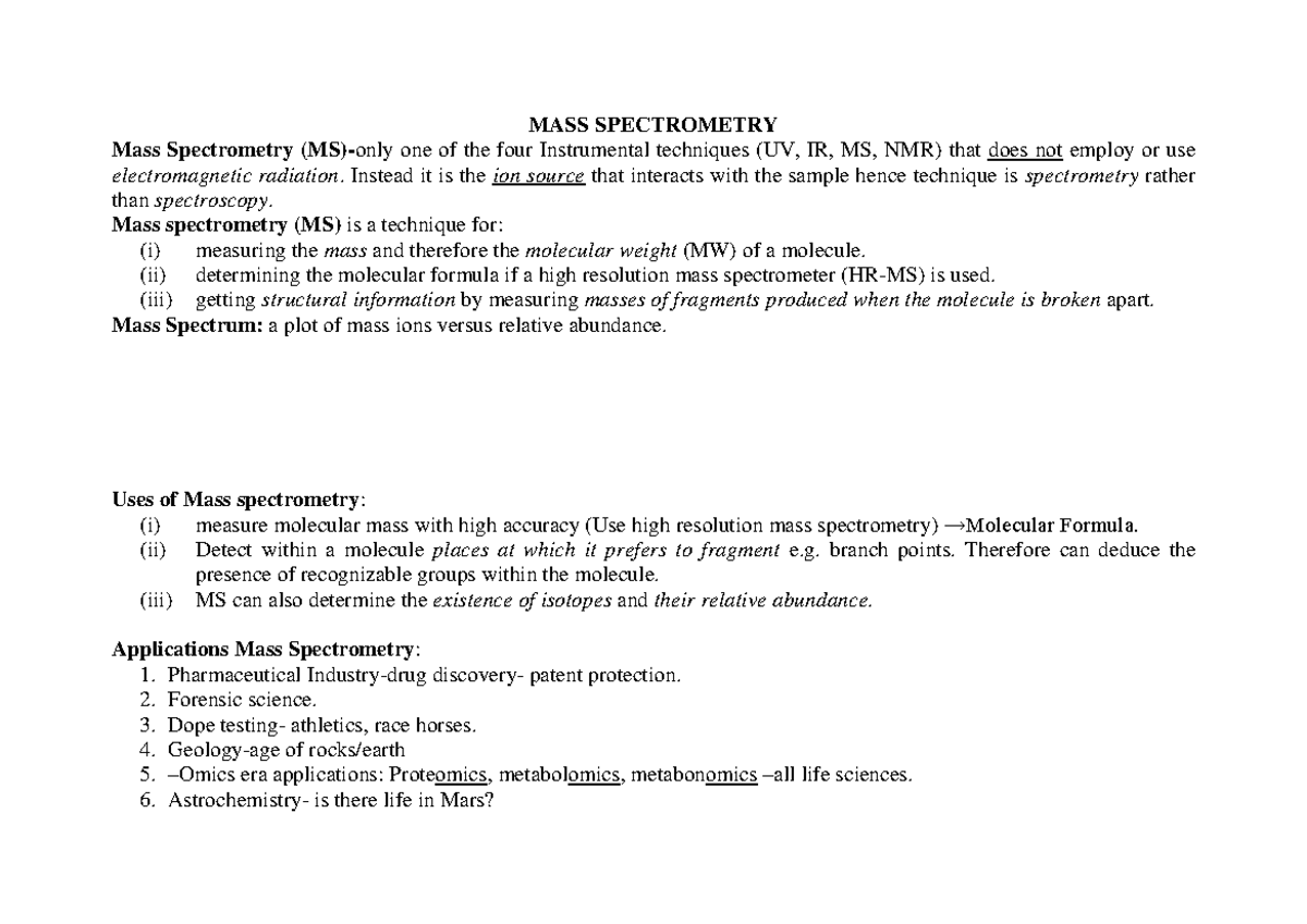CHE 331 Lecture 8 - Overview and Applications of Mass Spectrometry ...