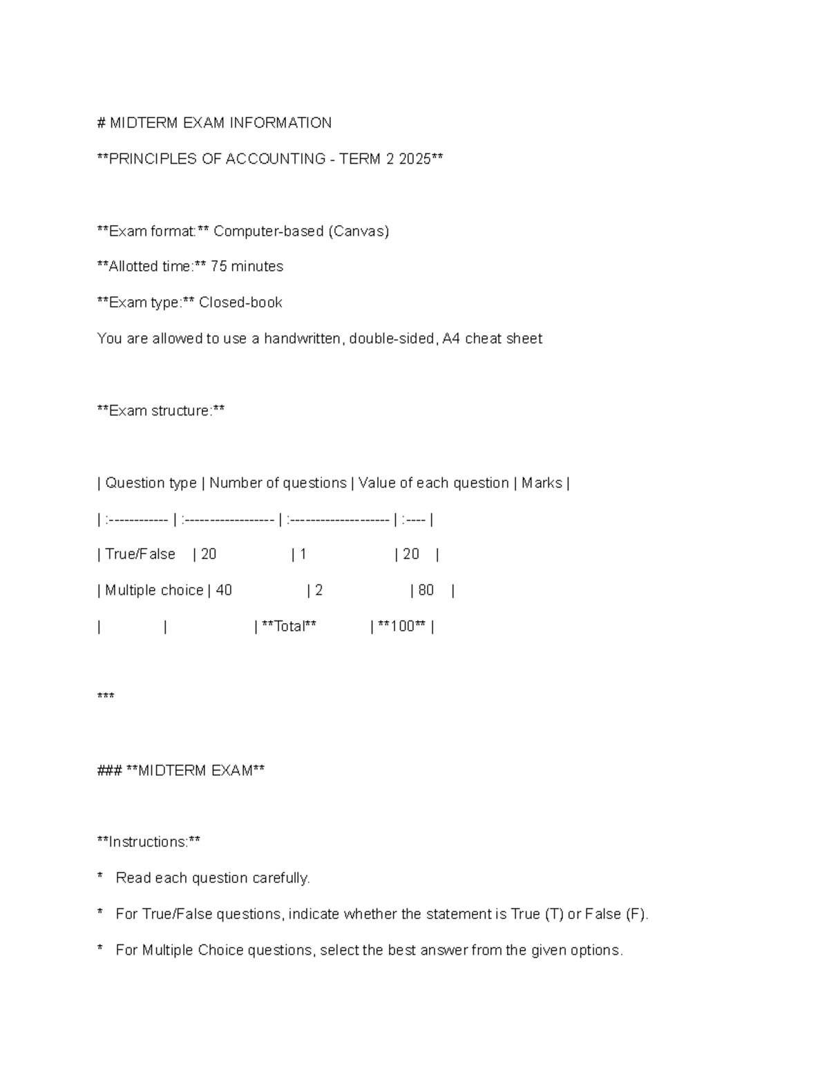 Midterm Exam Info for Accounting Term 2 (75 min) - Studocu