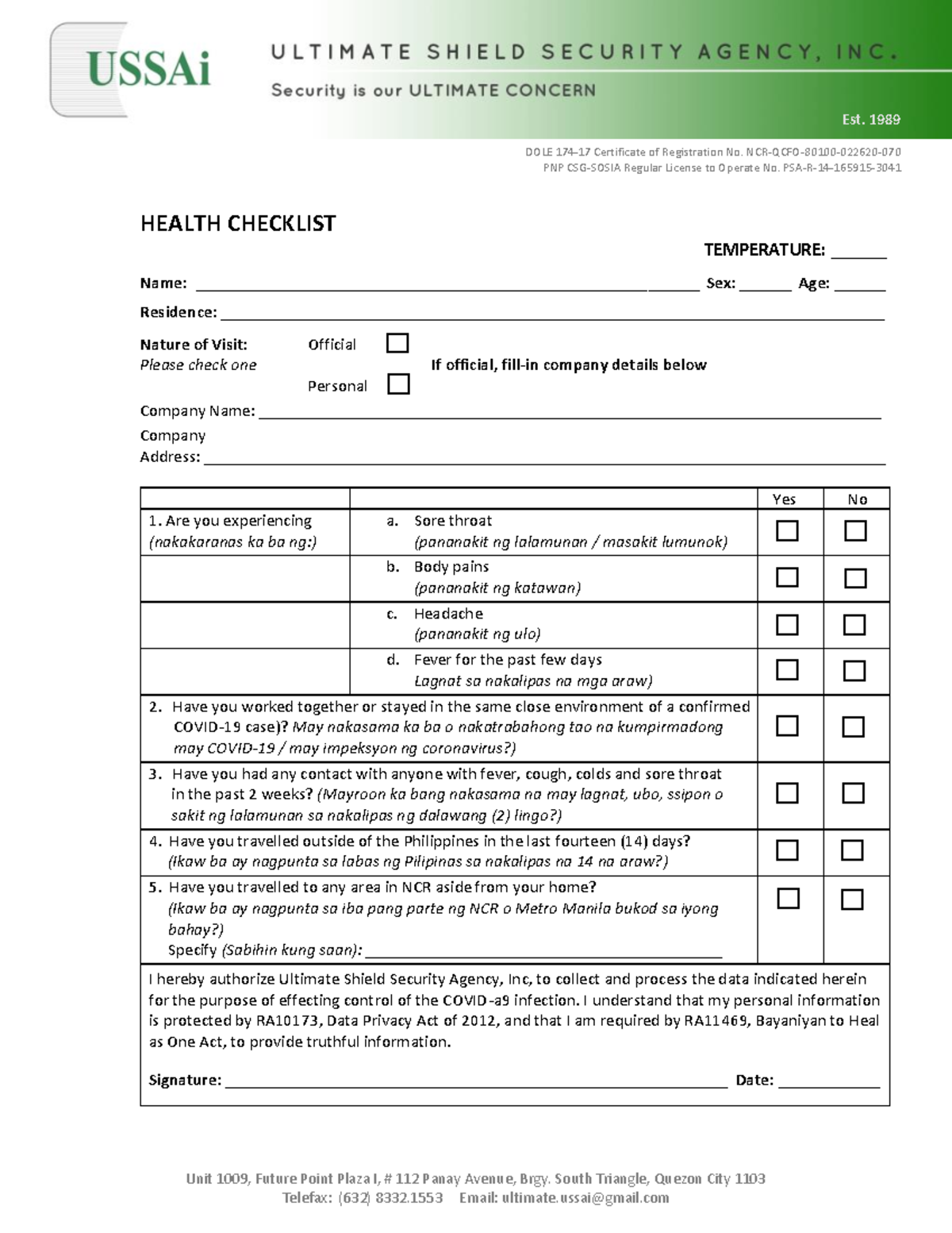 USSAi health declaration checklist - Est. 1989 DOLE 174 - 17 ...