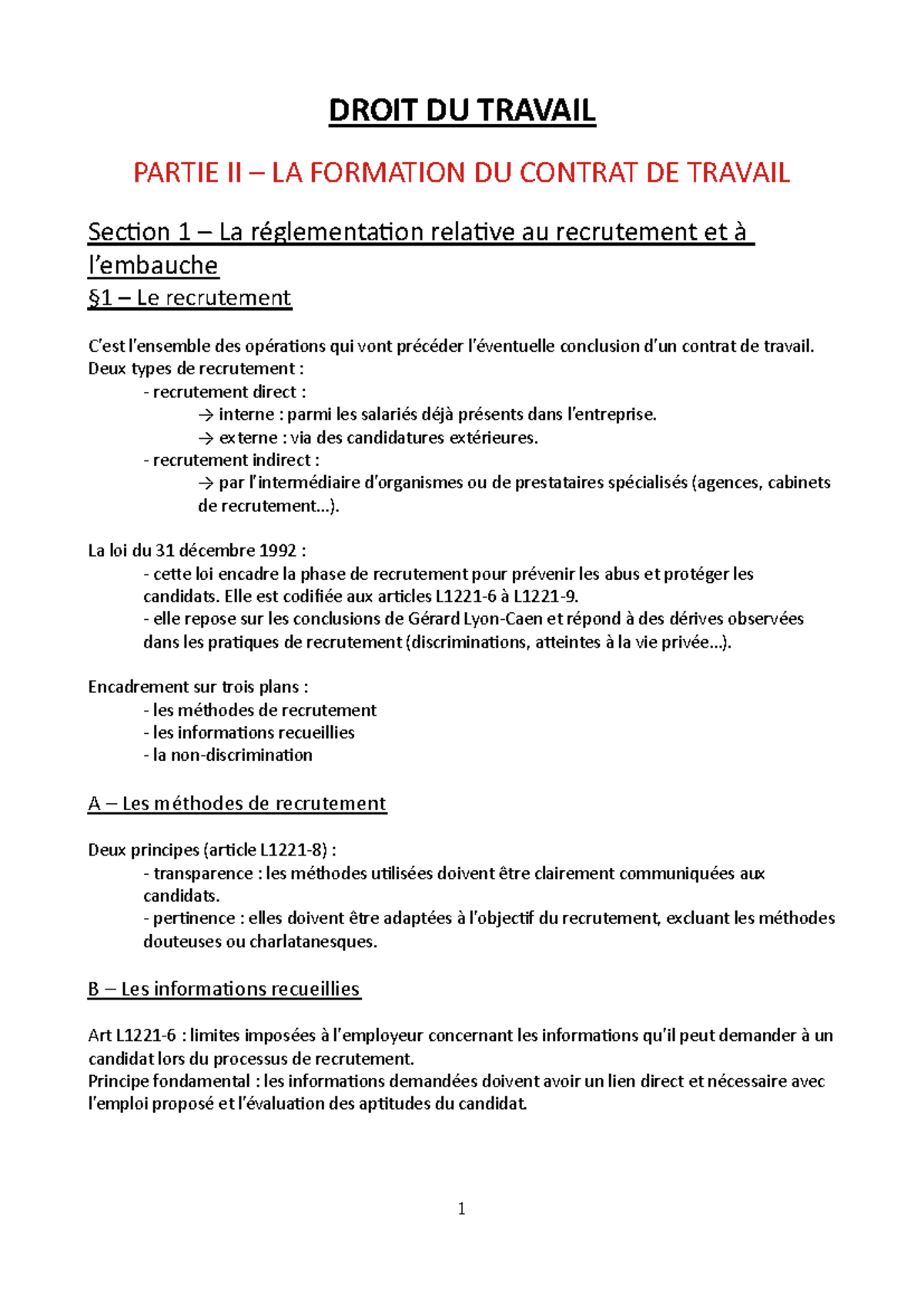 Droit du Travail S1 - Formation du Contrat de Travail et Recrutement ...