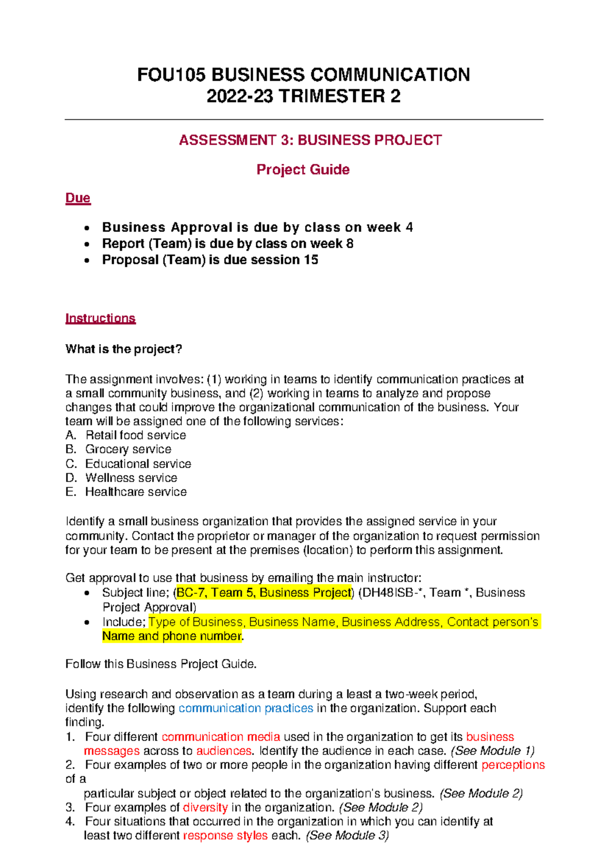 FOU105 Business Communication 2022-23 T2 - Project Guide Overview - Studocu