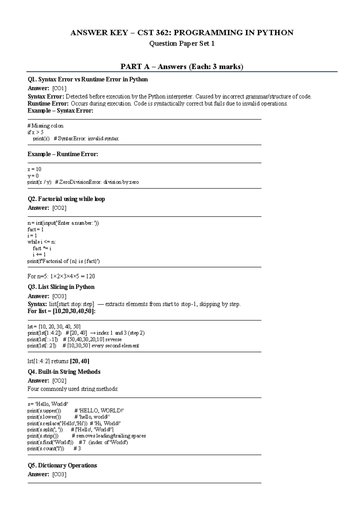 ANSWER KEY CST 362: PYTHON PROGRAMMING Q&A Set 1 - Studocu