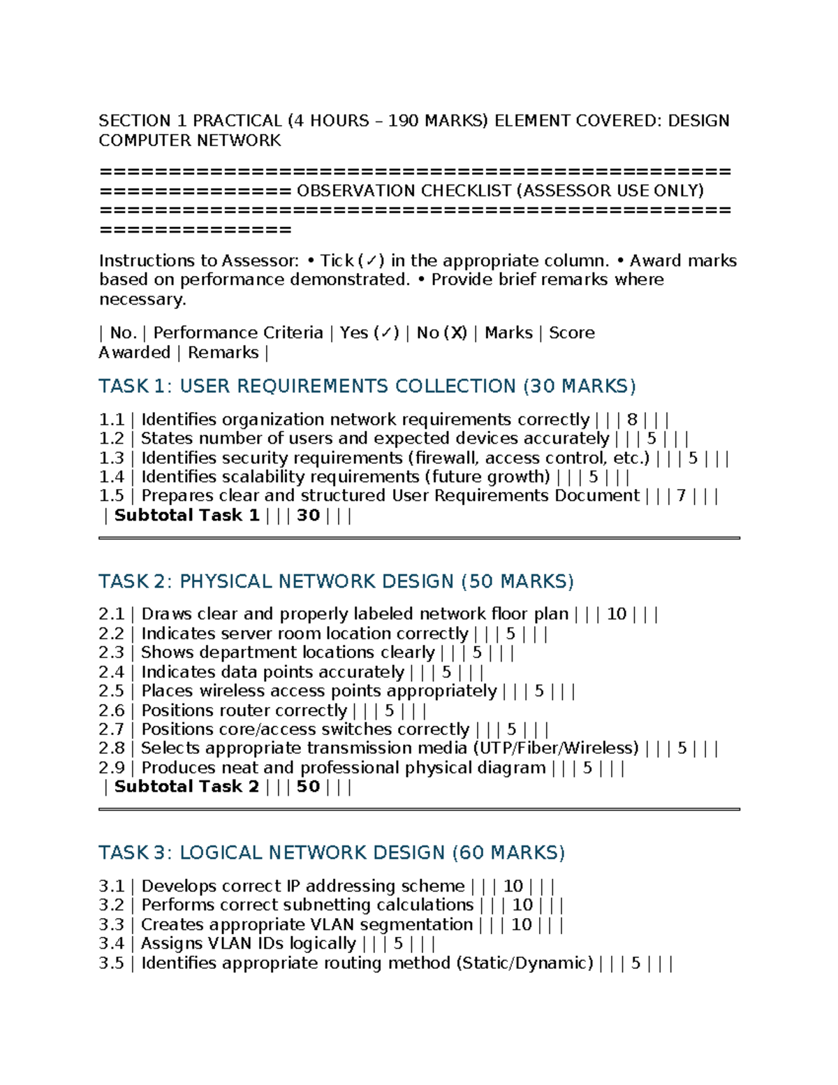 Observation Checklist - Section 1 Practical: Design Computer Network ...