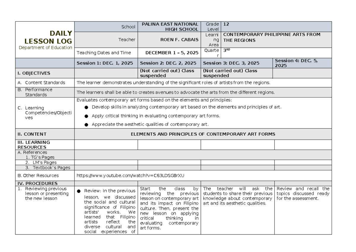 CPAR 12 Lesson Plan: Analyzing Contemporary Art Forms - Studocu
